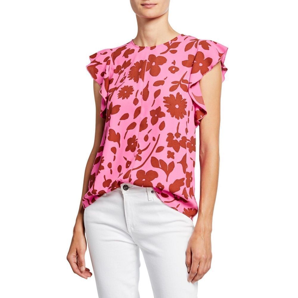 Kate Spade Splash Floral Crewneck Flutter Sleeve Keyhole Top Size Sm Pink Multi